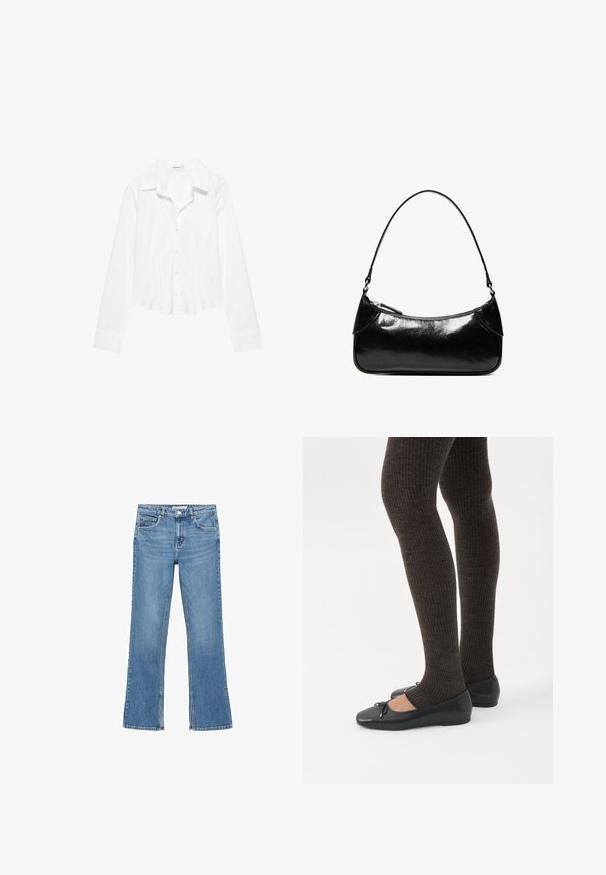 Hvid skjorte med lange ærmer, krave, let figursyet talje og manchetter med knapper, vist på en hvid baggrund.; Lysblå denim flared jeans med en mid-rise talje, fem lommer og subtil fading. Benene udvider sig mod bunden. Ingen pynt.; Ben iført mørke ribbede leggings kombineret med sorte balletsko med små sløjfedetaljer på hvid baggrund.; Sort, blank skuldertaske i læder med et enkelt rum med lynlås og en tynd rem buet i en bueform.