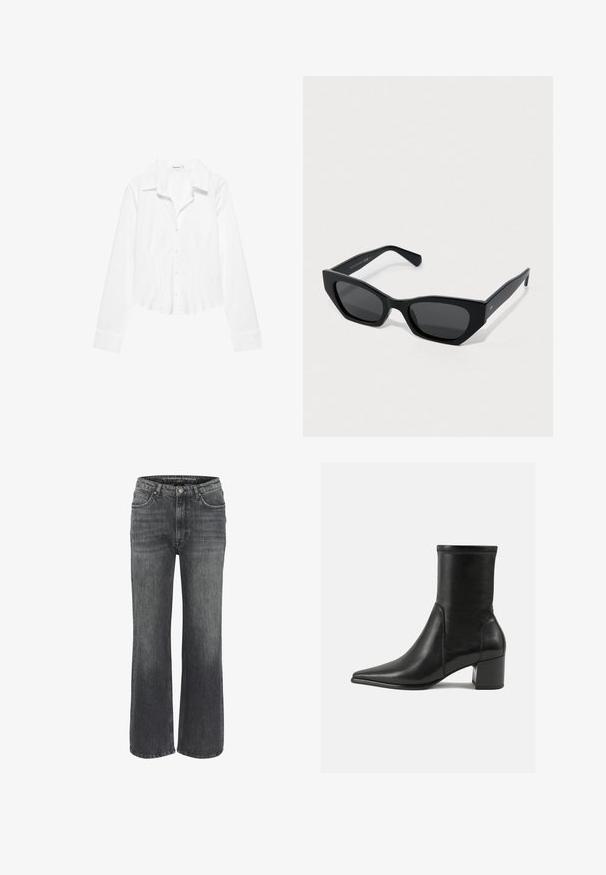 Weißes Langarmhemd mit Kragen, leicht tailliertem Schnitt und geknöpften Manschetten, auf weißem Hintergrund dargestellt.; Weite Jeans aus dunkelgrauem Denim mit klassischem Fünf-Taschen-Design, genähten Details und einem Knopfverschluss an der Taille.; Schwarze Knöchelstiefel aus glattem Leder, mit spitzem Zehenbereich, einem Blockabsatz und markanten, raised stitching am oberen Rand.; Schwarze Cat-Eye-Sonnenbrille mit dicken Rahmen und dunkel getönten Gläsern, die auf einer weißen Oberfläche liegt.