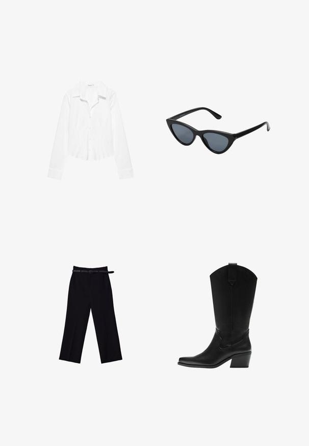 Chemise blanche à manches longues avec col, taille légèrement cintrée et poignets boutonnés, présentée sur fond blanc.; Pantalons larges noirs avec une texture lisse. Dotés d'une taille ajustée, de passants de ceinture et de poches avant.; Botte western en cuir noir mi-mollet avec bout pointu et talon bloc superposé, avec languette de tirage et coutures décoratives discrètes.; Lunettes de soleil noires en forme d'œil de chat avec des verres gris foncé, monture en plastique élégante, coins pointus et branches droites. Pas de métal visible ni d'accents.