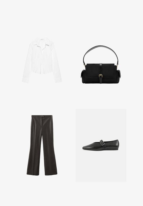 Chemise blanche à manches longues avec col, taille légèrement cintrée et poignets boutonnés, présentée sur fond blanc.; Pantalon en cuir noir avec une coupe évasée très large, une taille plate à l'avant, et une texture lisse et brillante. Aucun élément métallique ou motif visible.; Chaussure plate en cuir noir avec un orteil pointu, présentant une sangle à boucle métallique sur le cou-de-pied et une semelle basse et flexible.; Sac à main rectangulaire noir avec une poignée supérieure, une fermeture à rabat, des poches latérales et une sangle centrale avec une boucle dorée.