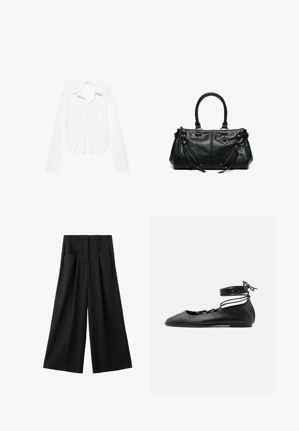 Chemise blanche à manches longues avec col, taille légèrement cintrée et poignets boutonnés, présentée sur fond blanc.; Pantalon noir à jambes larges avec poches avant, passants pour ceinture, et une fermeture avant dissimulée, présenté sur un fond blanc.; Chaussure de ballet plate en cuir noir avec un bout pointu, plusieurs fines brides sur le dessus et des lacets enroulés autour de la cheville.; Sac à main en cuir noir avec deux anses, deux poches zippées inclinées avec des pompons, et des anneaux et clous en métal doré.