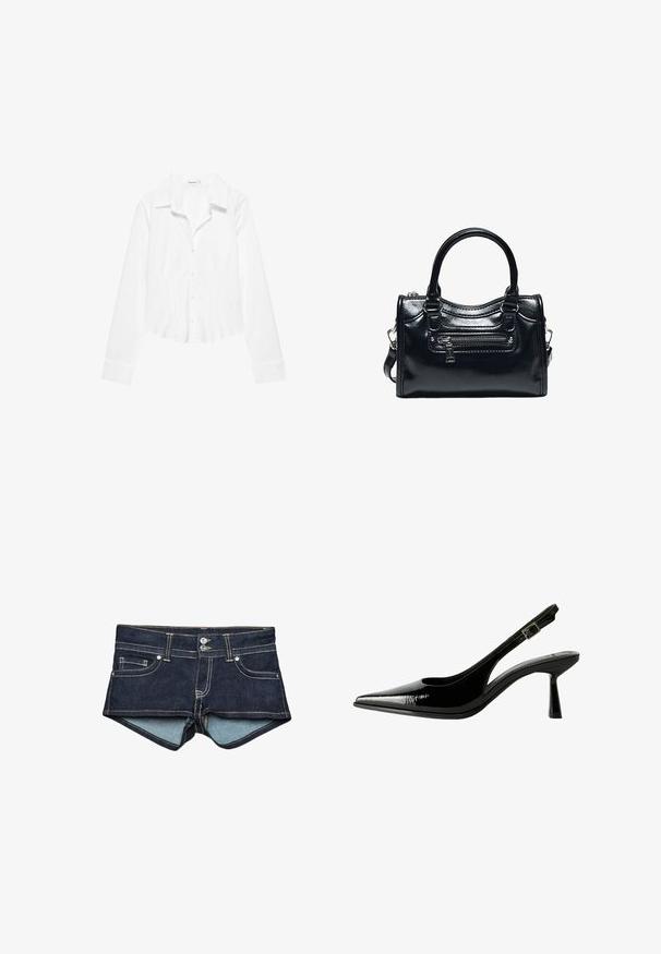 Hvid skjorte med lange ærmer, krave, let figursyet talje og manchetter med knapper, vist på en hvid baggrund.; Denim shorts i mørkeblå med lyseblå indvendig foring, med forlommer, to knapper og kontrastsyning på taljen.; Sorte patenterede lædersandaletter med spids tå, udskårne sider, justerbar ankelstrop og en tynd, slank hæl.; Sort skinnende læderhåndtaske med to håndtag, lynlåslomme foran og aftagelig skulderrem på hvid baggrund.