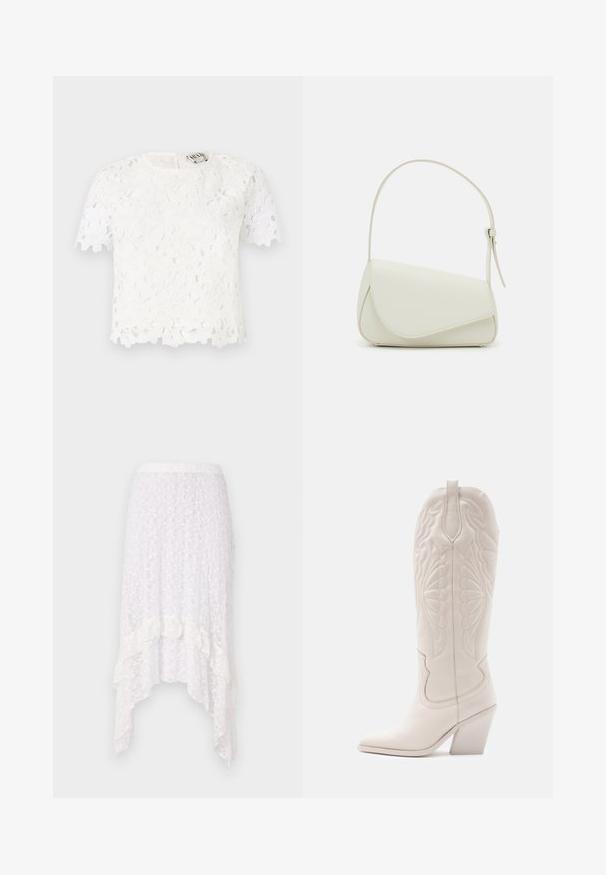 Witte kanten top met bloemenpatronen, korte mouwen, een ronde halslijn en een subtiele scalloped zoom. Sluit met een ritssluiting aan de achterkant.; Wit kanten rok met een textuur floral patroon, een high-low zoom en gerimpelde accenten aan de onderkant, voorzien van een elastische tailleband.; Witte leren cowboylaars met een spitse neus en een vierkante hak. Heeft ingewikkelde stikpatronen op de schacht en een soepele textuur.; Witte nepleren handtas met een gestructureerde driehoekige vorm, een enkele verstelbare schouderriem en een klep met ronde accenten.