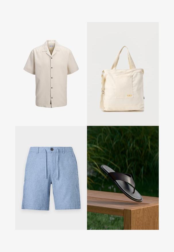 Beige overhemd met korte mouwen, campkraag, vijf donkere knopen en een relaxte pasvorm.; Lichtblauwe geweven stoffen shorts met knoopsluiting, trekkoord, lussen voor een riem en zijzakken, getoond tegen een witte achtergrond.; Zwarte leren teenslipper zwevend boven een houten bankje met groene bladeren op de wazige achtergrond.; Crèmekleurige canvas boodschappentas met voorvak, twee handvatten, verstelbare schouderriem en kleine gele "O.N.S" tekst rechtsonder op het vak.