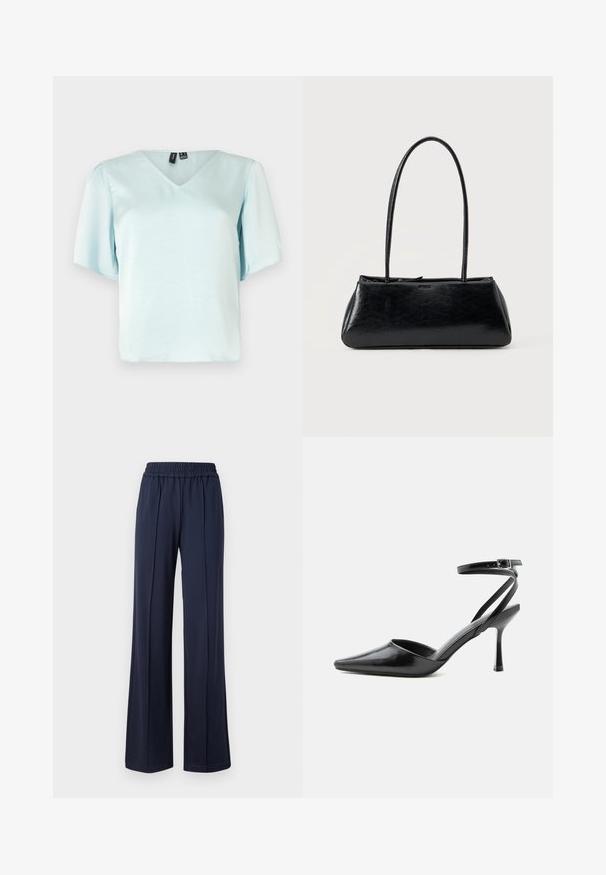 Blusa azul claro de escote en V con mangas cortas abullonadas, hecha de una tela suave, con un fit relajado y sin patrones ni adornos visibles.; Pantalones de pierna ancha de color azul marino con una cintura elástica, fabricados en una tela suave y lisa. Presentan líneas limpias y una silueta relajada.; Zapato de tacón alto negro de punta fina con delgadas correas en el tobillo y cierre de hebilla plateada sobre un fondo liso claro.; Bolso de hombro rectangular negro con correas largas y delgadas y una textura lisa y brillante sobre un fondo liso.