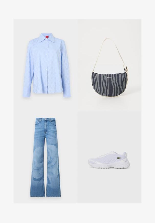Lyseblå langærmet skjorte med en knappet krave, subtilt præget mønster og hvide knapper langs frontknapperækken.; Lyseblå jeans med brede ben og høj talje, foran knapper og lommer, med et subtilt blomstret vaskemønster på benene.; Hvide atletiske sko med mesh-overdel, tekstureret design og polstret krave. Har grønt logo på siden og polstret sål for komfort.; Denim taske med en buet form, der har et navy og lyseblåt zebra-stribemønster, hvid strop og brandlogoet tydeligt præsenteret.