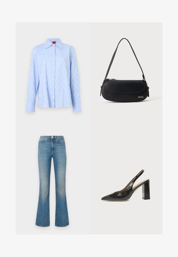 Camisa de manga larga azul claro con cuello abotonado, patrón en relieve sutil y botones blancos a lo largo de la tapeta frontal.; Vaqueros de mezclilla de color azul claro con corte acampanado. Presentan una cinturilla con botón y un lavado desgastado, que se estrecha hacia un dobladillo ancho a la altura de los tobillos.; Zapato slingback de piel negra con puntera puntiaguda, tacón alto y ancho, y forro interior beige sobre un fondo claro y liso.; Bolso de hombro de cuero negro con solapa curva, logo dorado "HUGO" en el frente y una correa ajustable.