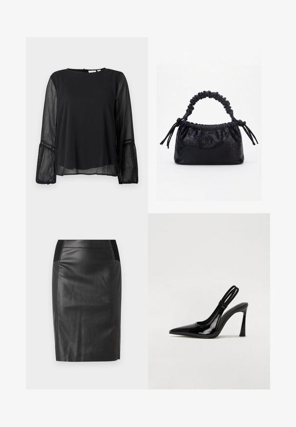 Blusa negra con cuello redondo y mangas largas semitransparentes. Presenta una tela texturizada y detalles de encaje en los puños.; falda lápiz de cuero negro con un diseño ajustado, textura suave y acentos de cintura elástica a ambos lados. Dobladillo recto en la parte inferior.; Zapato de tacón con tirante en negro de charol, punta afilada, tacón alto y delgado, y doble tira elástica para un ajuste seguro. Superficie suave y brillante.; Bolso negro con textura de cocodrilo, borde superior fruncido, asa recogida y cordones con borlas en cada lado sobre un fondo blanco.