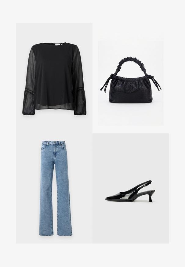 Must mustriga pluus ümar kaelusega ja pikad poolläbipaistvad varrukad. Omaduslik on tekstuuriga kangas ja pitsdetailid varrukate otstes.; Noisy May Straight fit NMYOLANDA - Wide leg - medium blue denim; Mustad õhukesed kingad mustast lakknahast, terava varbaga ja madala plokknõelaga. Reguleeritav pandla rihm ankle.; Must käekott krokodillinaha tekstuuriga, voltis ülaservaga, kogutud sangaga ja kummipaeladega tutsidega igal küljel valgel taustal.