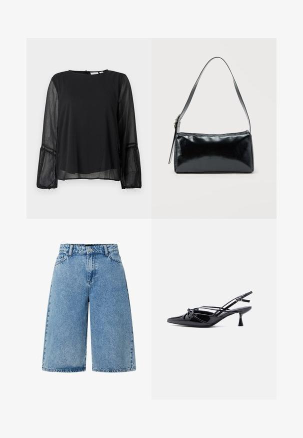 Schwarze Bluse mit rundem Ausschnitt und langen, halbtransparenten Ärmeln. Verfügt über einen strukturierten Stoff und Spitzendetails an den Manschetten.; Hellblaue Jeansshorts mit weitgeschnittenem Design, klassischem Fünf-Taschen-Stil und einem strukturierten Material mit einem ausgewaschenen Finish.; Schwarzer Slingback-Pumps aus Lackleder mit spitzer Zehenpartie, niedrigem Kitten-Heel und dekorativer, geknoteter Schleife vorne.; Schwarze rechteckige Schultertasche mit einem verstellbaren Riemen und einem oberen Reißverschluss vor einfachem Hintergrund.