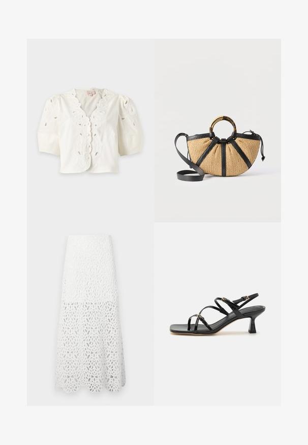 Blouse blanche à manches courtes avec bords festonnés, broderie florale ajourée, boutons sur le devant et manches bouffantes.; Maje JOZIMALO - Jupe longue - ecru; Sandales à strapes en cuir verni noir avec un bout carré et un petit talon carré. Présente des accessoires en métal doré et des brides de cheville réglables.; Sac à main tissé avec des garnitures en cuir noir, une poignée circulaire en or et écaille de tortue, et une bandoulière détachable en cuir noir.