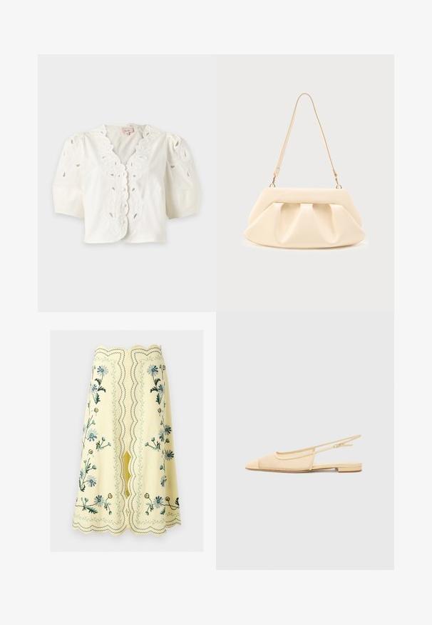 Blusa blanca de manga corta con bordes ondulados, bordado floral con ojales, cierre de botones al frente y mangas abullonadas.; Falda amarilla hasta la rodilla con bordes ondulados y bordados florales en azul, verde y amarillo, con una abertura central y costuras decorativas.; Zapato plano tipo slingback en beige claro con parte superior de malla, punta afilada y tacón bajo. Cuenta con una correa ajustable para un mejor ajuste.; Bolso de mano de cuero color crema con pliegues fruncidos, herrajes dorados y una única correa delgada para el hombro sobre un fondo liso.