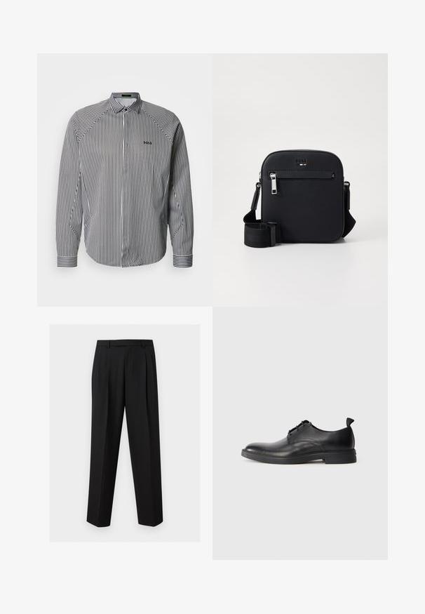 Camisa de rayas en blanco y negro con botones, que presenta un cuello clásico, mangas largas y un bordado de logo discreto en el pecho.; Pantalones negros a medida con perneras rectas, pliegues en la cintura, trabillas para cinturón y bolsillos laterales con abertura, exhibidos sobre un fondo liso.; Zapato de vestir para hombre de cuero negro con cierre de cordones y tira en el talón, mostrado en perfil lateral sobre un fondo blanco liso.; Bolso bandolera de cuero negro con textura suave, que cuenta con un bolsillo frontal con cremallera, correa ajustable y un diseño cuadrado elegante.