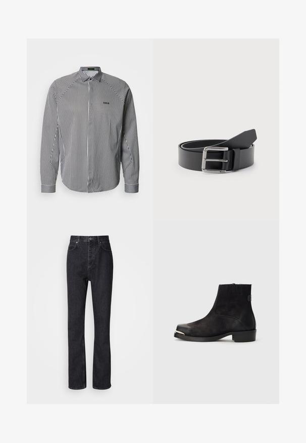 Stribet skjorte med knapper i sort og hvid, med klassisk krave, lange ærmer og diskret logo broderi på brystet.; Høj talje sorte denim jeans med knap- og lynlåsåbning, for- og baglommer samt lige ben.; Sort ankelstøvle med ruskind og lædermaterialer, rund tå, lille hæl, sølvmetallic accent på tåen og elastiske sider.; Sort læderbælte snoet med sølvfarvet rektangulært metalspænde graveret med "BOSS" på en lysegrå baggrund.