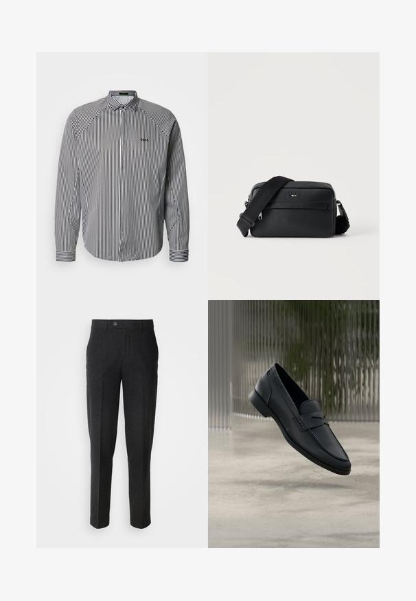 Gestreept overhemdd in zwart en wit, met een klassieke kraag, lange mouwen en subtiele logo-borduring op de borst.; Lindbergh Broek - black melange; Zwarte leren loafer met een gladde afwerking, puntige neus en gestikte details over de wreef. Lage hak en minimalistisch ontwerp.; Zwarte gestructureerde leren crossbodytas met voorvak met ritssluiting en verstelbare brede stoffen schouderband op een witte achtergrond.