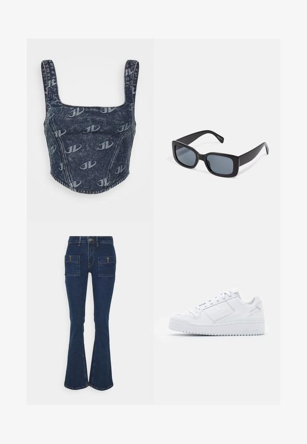 Jaded London MONOGRAM EMBOSSED CORSET - Top - blue; The Ragged Priest FLASHBACK LOW RIDER - Jeans Bootcut - blue; Hvide lædersneakers med en glat overflade, rund tå, lavsnit, snørebånd og en platformsolet, der har diskret branding på siden.; Sorte rektangulære solbriller med mørkt tonede linser, tyk plastramme og brede stænger. Glat overflade og kantet design.