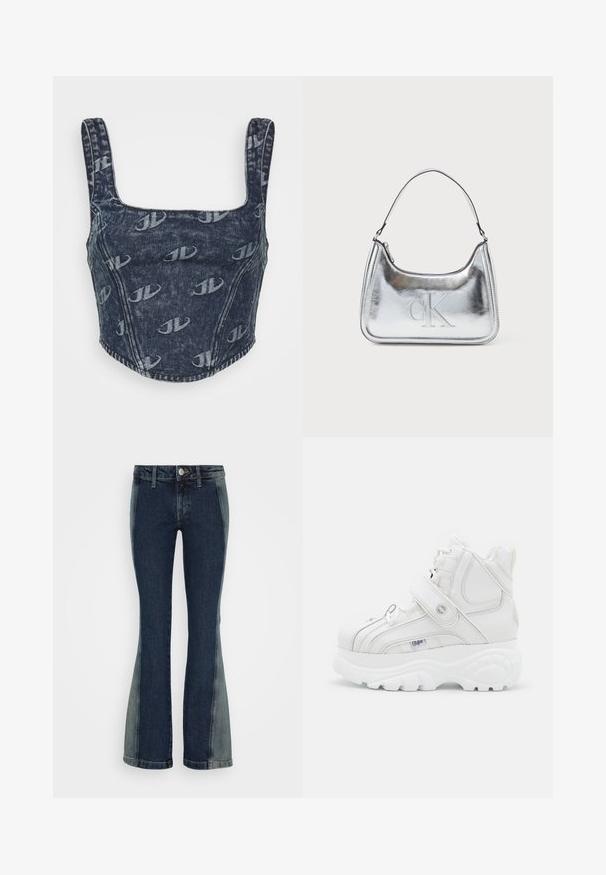Jaded London MONOGRAM EMBOSSED CORSET - Μπλούζα - blue; Weekday UTOPIA LOW WAIST - Τζιν καμπάνα - worn blue two tone; Λευκά ψηλά αθλητικά παπούτσια από δέρμα, με ιμάντα αγκράφας, στρογγυλή μύτη, χοντρή σόλα και κάθετες ραφές.; Ασημένια μεταλλική τσάντα χεριού με καμπυλωτό σχήμα, κλείσιμο με φερμουάρ και ιμάντα ώμου. Περιέχει ανάγλυφο λογότυπο "CK" στο μπροστινό μέρος.
