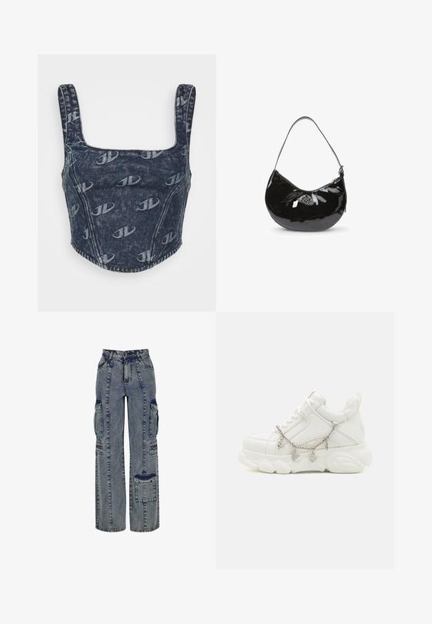 Jaded London MONOGRAM EMBOSSED CORSET - Top - blue; Denim cargo bukser i lyseblå. Har vide ben, flere sidelommer og kontrasterende mørke denim detaljer. Struktureret med synlige sømme.; Hvide sneakers med en kraftig sål, tekstureret læderoverdel og dekorativ metal kæde med charms. Har snørebåndslukning og polstret krave.; Sort patentlæder håndtaske med en buet form, enkelt skulderrem, lynlåslukning og et dekorativt metal logo. Glat tekstur.