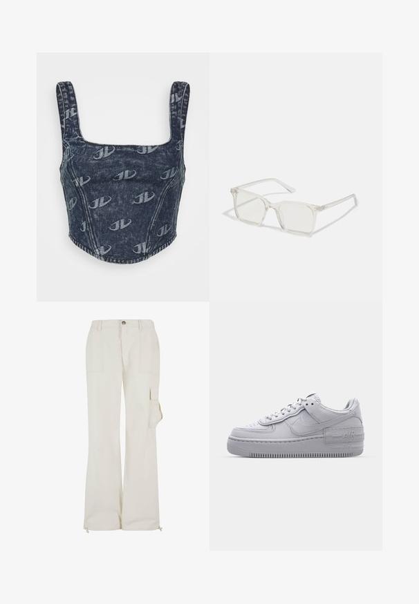 Jaded London MONOGRAM EMBOSSED CORSET - Top - blue; Beige cargo bukser lavet af et let materiale, med en sidelomme, lige ben design og justerbare snorekanter.; Grå Nike Air Force 1 sneakers med perforeret tå, glat læderoverdel, tyk sål og præget 'AIR' detalje på hælen.; Klare plastiske briller med firkantet ramme og gennemsigtige linser, der har guld accenter på tempelstængerne for ekstra detaljer.