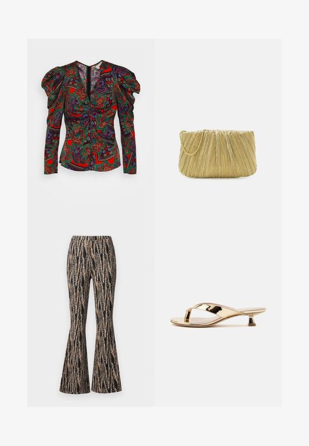 Veronica Beard SIMMONS - Μπλούζα - flame red multi; Diane von Furstenberg BURANO PANTS - Παντελόνι - black; Χρυσό μεταλλικό σανδάλι με χαμηλό τακούνι και λεπτό, γωνιώδες χοντρό τακούνι σε λευκό φόντο.; Loeffler Randall BRIT PLEATED FLAT - Τσαντάκι - gold-coloured