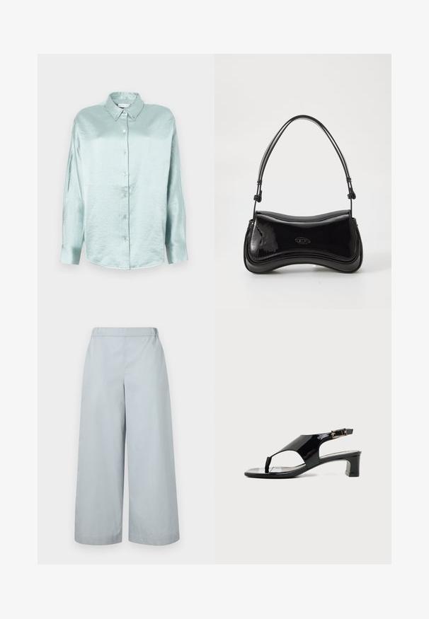 Camisa de botones azul claro hecha de una tela brillante y suave; cuenta con un cuello, mangas largas y un dobladillo redondeado con un corte relajado.; MM by MaxMara ANTILLE - Pantalones - light blue; Sandalia negra de charol con puntera abierta, tacón bajo en bloque y tira ajustable en el tobillo con hebilla dorada.; Bolso de mano de charol negro con forma curvada, un solo asa y fondo redondeado. Presenta un sutil detalle de logo en la parte frontal.
