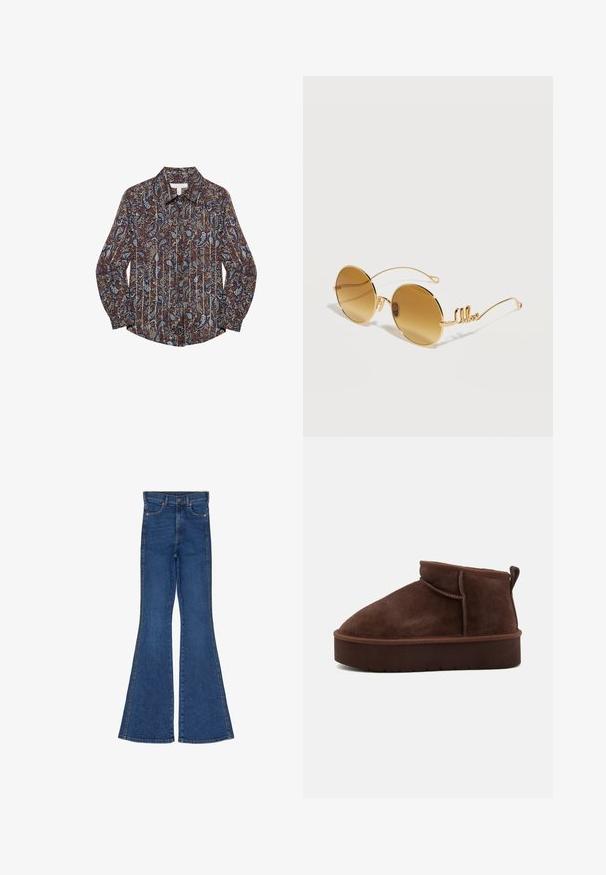 Knoopshirt met een marineblauwe achtergrond en ingewikkelde crèmekleurige en roestkleurige bloempatronen. Gemaakt van lichtgewicht stof met een kraag en lange mouwen.; Wijd uitlopende blauwe denim jeans met een hoge taille, contrasterende stiksels, vijf zakken en metalen hardware. De pijpen worden breder vanaf de knie naar beneden.; Bruine suède enkellaars met een ronde teen, zachte textuur en een dikke plateauzool. Beschikt over een subtiele naaddetail en een achterste lus om aan te trekken.; Ronde zonnebril met goudkleurige montuur, bruine getinte glazen en dunne pootjes met een sierlijke, cursieve "like" detail aan elke kant.