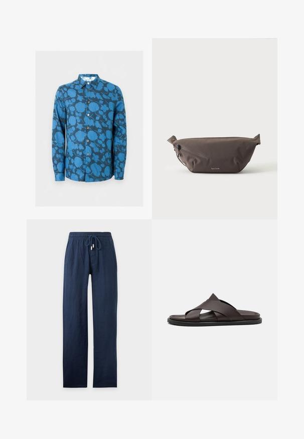 Chemise à manches longues boutonnée avec un motif floral bleu sur un fond sombre, dotée d'un col classique et de boutons marron.; Pantalon bleu marine à jambes droites avec taille élastique et cordon de serrage, en tissu léger.; Stuart Weitzman BERKLEY - Mules - espresso; Sac banane en tissu marron foncé avec poche zippée en diagonale et petit logo blanc sur le devant, sur un fond clair uni.