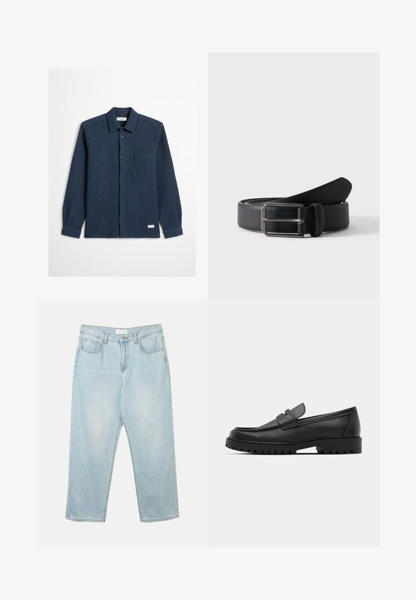 Marineblauw overhemd met knopen, textuur in wafelstof, lange mouwen, een enkele borstzak en een label aan de onderzoom.; Lichtblauwe denim jeans met een relaxte fit, vijf zakken, een knoopsluiting en subtiele vervaging. De textuur is glad en licht versleten.; Zwarte leren instappers met een ronde neus, voorzien van een gestikt ontwerp, een lage platformzool en een gestructureerde, grof rubberen buitenzool.; Zwarte leren riem opgerold met een rechthoekige zilveren metalen gesp op een effen lichte achtergrond.