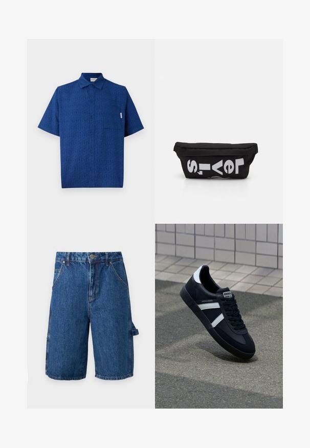 Kortærmet blå skjorte lavet af tekstureret stof med et subtilt mønster, en knaplukning foran og en enkelt brystlomme.; Denim shorts i en mellemblå farve, med høj talje, to forlommer og en sidelomme med strop. Glat tekstur, afslappet design.; Sort lædersneaker med hvide striber, tekstureret gummisål og snørrebånd foran. Har et brandet mærke på tungen.; Sort stoftaske med flad form, prydet med fed hvid tekst. Lynlåsen er placeret øverst, med en løkke detalje på den ene side.
