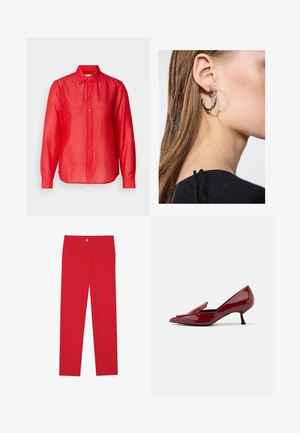 Chemise rouge à manches longues, en tissu transparent, avec un motif de pois subtil et un col classique. Texture lisse, coupe droite.; Pantalons rouges avec une coupe droite, devant plat, fermeture à un bouton et deux poches latérales. Tissu lisse sans motifs ni accents visibles.; Talons escarpins en cuir verni rouge avec un bout pointu, un design sans lacets, et un petit talon aiguille. Texture lisse avec une silhouette élégante.; Boucle d'oreille en argent avec une finition polie, présentant de petits détails en or et de forme ronde, portée sur le lobe.