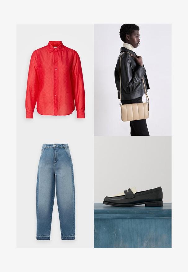 Rode overhemd met lange mouwen, transparante stof, subtiele stippenpatroon en een standaard kraag. Gladde textuur, rechte snit.; Lichtblauwe denim jeans met een hoge taille, losse pasvorm, vijfzakkenontwerp en rafelige zoom. Kenmerkt klassieke stiksels en een ritssluiting.; Zwart-witte leren instappers met decoratieve stiksels, zwevend boven een betonnen vloer met vage planten op de achtergrond.; Beige leren crossbody tas met een gequilt ontwerp, rechthoekige vorm, dunne schouderband en zilverkleurige hardware, gedragen door een persoon in een zwarte jas.