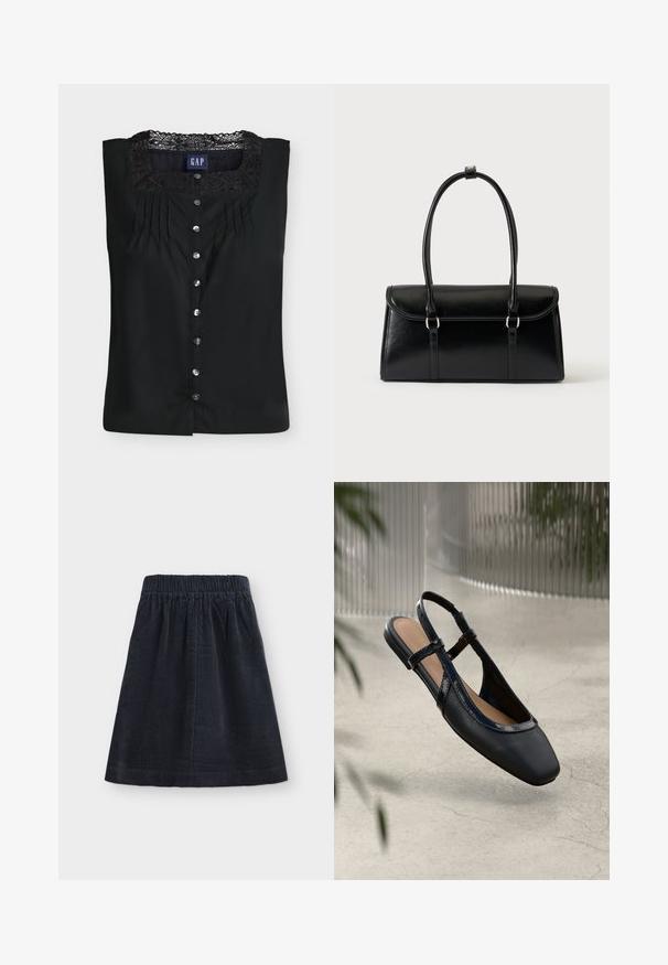 Zwarte mouwloze blouse met knopen aan de voorkant, kanten rand rondom de vierkante halslijn, en verticale plooien onder de kraag.; A-lijn zwarte corduroy rok met een elastische tailleband, getoond op een effen lichte achtergrond, zonder zichtbare patronen of versieringen.; Zwarte leren slingback ballerina met een vierkante neus, voorzien van een glanzende lakrand en verstelbare banden voor een veilige pasvorm.; Zwarte leren rechthoekige handtas met klep en twee lange handvatten tegen een effen witte achtergrond.
