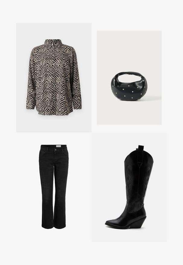 Langärmliges Hemd mit Knopfleiste, das ein schwarz- cremiges Zebra-Streifen-Muster aufweist, mit einem Stehkragen und einem lässigen Schnitt.; Schwarze Jeans aus Denim mit schmaler Flared-Form, fünf Taschen und einem Knopfverschluss. Verfügt über dezente Nähte und einen klassischen Bund.; Schwarzer Leder-Cowboystiefel mit spitzer Zehe, schrägem Blockabsatz, dekorativer Naht und Zuglaschen oben vor weißem Hintergrund.; Schwarze Lederhandtasche mit abgerundeter Form, verziert mit silbernen Nietenakzenten und kurzem Griff. Glatte Struktur und Reißverschlussverschluss.