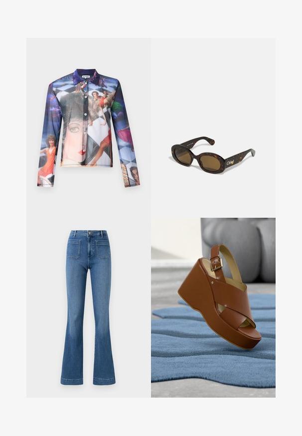 Gennemsigtig skjorte med knapper, der har et farverigt fotografisk tryk af mennesker i dynamiske positurer, med klassisk krave og lange ærmer.; Bredde blå jeans lavet af denim med mellemhøj talje, der har to baglommer og en ren søm. Glat tekstur og klassisk design.; Brun læder kile sandal med justerbar spænde stropp, der hviler på tekstureret blåt tæppe indendørs.; Skildpaddemønstret solbriller med ovale stel, brune tonede glas og "Chloé" branding på siden. Glat plastmateriale med blank overflade.