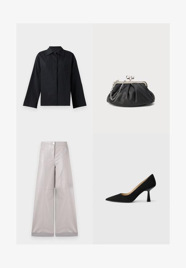 Zwart gepindstreept cropped shirt met een puntige kraag en lange, brede mouwen; gemaakt van gladde stof, met verticale strepen voor detail.; Brede broekspijpen in lichtgrijs faux leren, met een voorknopsluiting, twee zijzakken en naaddetails voor extra textuur.; Zwarte suède high-heeled pump met een spitse neus, voorzien van een glanzende zwarte blokhak en een gladde binnenvoering.; Zwarte leren clutch met geplooide textuur, zilverkleurig metalen frame, drukknopsluiting en kettingriem. Glad, zacht oppervlak.