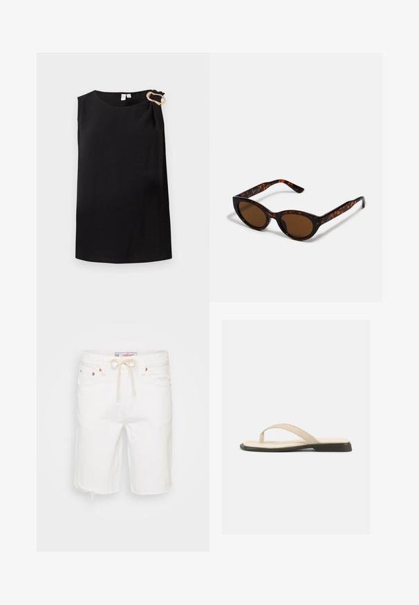 Blouse noire sans manches avec col rond et boucle décorative dorée sur l'épaule gauche, design uni.; Shorts en denim blanc avec un ourlet effiloché, featuring une taille à cordon, cinq poches et des accents en métal couleur cuivrée.; Sandale plate beige à bride en forme de tongs avec une semelle intérieure rembourrée et une semelle noire, vue de côté sur fond blanc.; Lunettes de soleil en écaille de tortue marron avec une forme vintage de lunettes cat-eye et des verres marron. Présente des branches courbées avec des accents rouges.