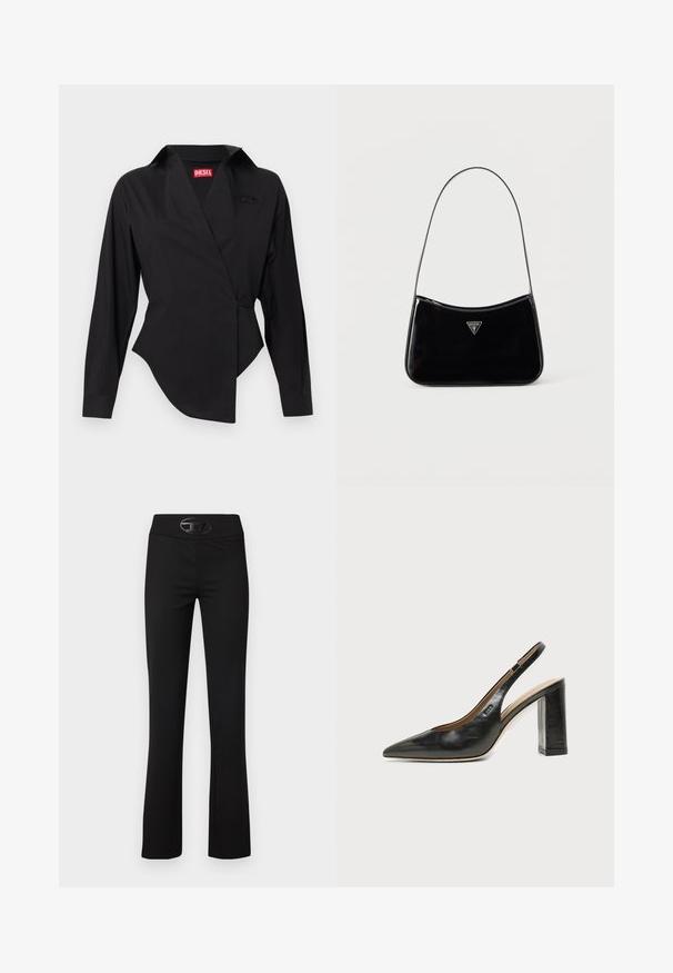 Chemise portefeuille noire en tissu lisse, avec un col pointu, des manches longues et un ourlet asymétrique. Logo Diesel bien visible.; Pantalons évasés noirs en tissu lisse et extensible. Dotés d'une large ceinture et d'un accent logo noir brillant à l'avant.; Chaussure slingback en cuir noir à bout pointu avec un talon bloc haut et une doublure intérieure beige sur un fond clair uni.; Sac à bandoulière en cuir verni noir avec une sangle fine, logo triangulaire Guess sur le devant et une fermeture éclair supérieure.