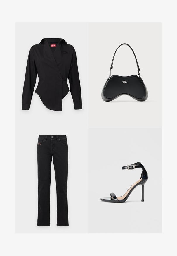 Chemise portefeuille noire en tissu lisse, avec un col pointu, des manches longues et un ourlet asymétrique. Logo Diesel bien visible.; Jean en denim noir avec une coupe droite, doté d'une fermeture à boutons sur le devant, de cinq poches et de détails de couture subtils.; Sandale à talon haut en cuir verni noir avec bride à la cheville. Présente un design minimaliste, un bout ouvert et une boucle ornée de strass.; Sac à main en similicuir noir avec une forme incurvée unique, une poignée courte et un détail de logo argenté sur le devant. Texture lisse, design minimaliste.