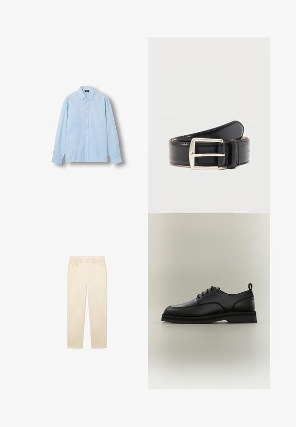 Lichtblauw overhemd met knopen, met dunne verticale witte strepen, lange mouwen en een puntige kraag, plat uitgestald op een witte achtergrond.; Witte beige denim jeans met een rechte pijp, voorzien van vijf zakken, een knoop- en ritsluiting, en subtiele stikseldetails.; Zwarte leren veterschoenen met dikke zool en een treklipje op de hiel, weergegeven in zijaanzicht op een neutrale achtergrond.; Zwarte leren riem opgerold met een zilverkleurige rechthoekige metalen gesp en zichtbare stiksels langs de randen.