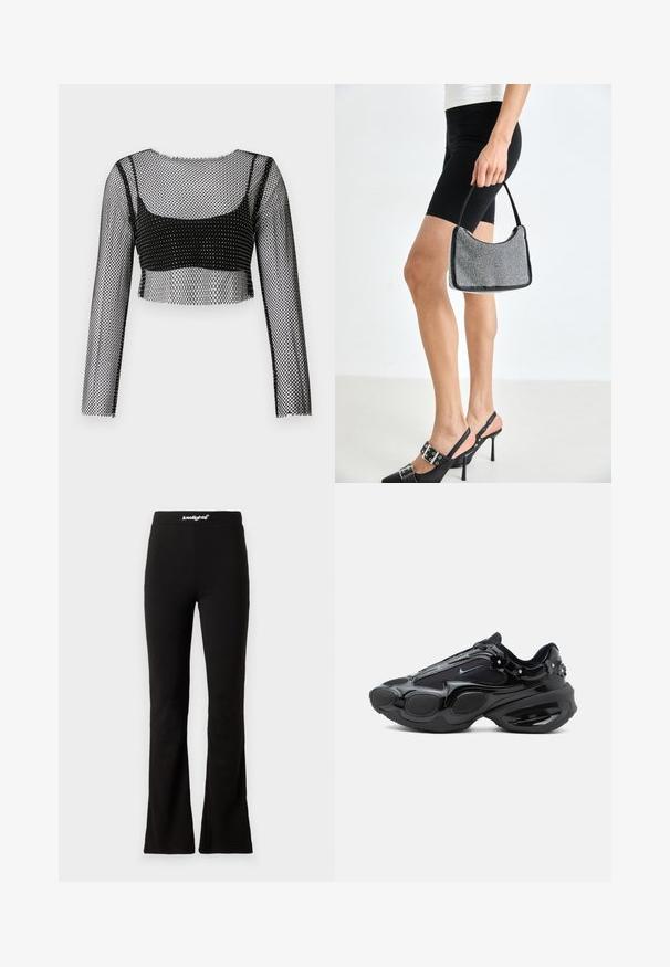Sort mesh crop-top med lange ærmer, med et fiskenet-design og et solidt sort underlag. Kanterne er rå og let frynset.; Sorte flaired leggings med en glat tekstur og elastisk talje, der har et hvidt logo. Designet til komfort og fleksibilitet.; Sort sneaker med skinnende og netpaneler, afrundede sålesegmenter og små blomsterudsmykninger nær hælen og snørebåndene.; Sort perlehandtaske med en buet silhuet, bærehåndtag og blank overflade. Båret med højhælede sorte sko og tætsiddende sorte shorts.
