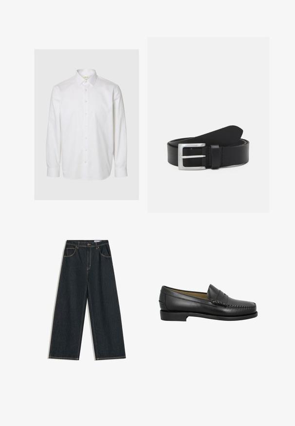 Hvid langærmet skjorte lavet af bomuld, med klassisk krave, knapper foran og knapper ved manchetterne. Glat tekstur uden synlige mønstre.; Mørkeblå jeans med brede ben, forrest med knapper, lynlås og femlommedesign, med synlige gule syninger.; Sorte læder loafersko med en rund tå, dekorativ syning og en lav, flad sål. Glat tekstur, minimalistisk design uden udsmykninger.; Sort læderbælte med en glat overflade, sølv rektangulær spænde og en løkke til enden. Har pæne stikninger langs kanterne.