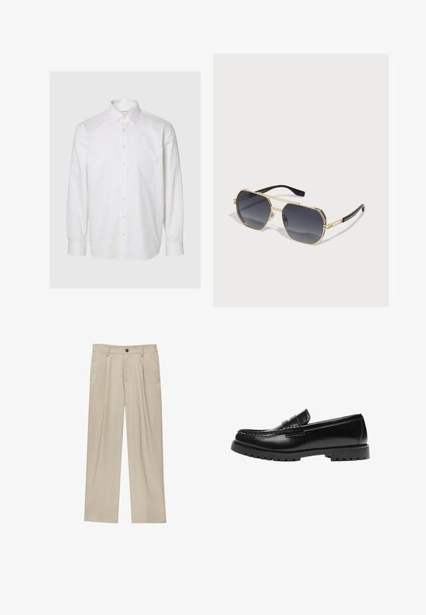 Chemise blanche à manches longues en coton, dotée d'un col classique, d'une patte de boutonnage à l'avant et de poignets boutonnés. Texture lisse sans motifs visibles.; Pantalon beige à coupe droite, doté d'un seul bouton noir, de passants de ceinture et de poches latérales. Texture de tissu lisse et design minimaliste.; Mocassin en cuir noir avec une semelle en caoutchouc épaisse et un détail classique de bride à monnaie, vu de côté extérieur.; Des lunettes de soleil avec une monture dorée, grands verres sombres, forme angulaire et branches noires, présentant un design minimaliste avec des accents matériels distincts.