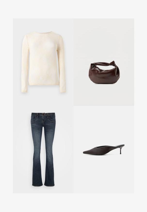 Langarmshirt in hellem Creme mit zarter Spitzenstruktur und floralem Muster. Runder Ausschnitt, enganliegende Passform und weiche Stoffoberfläche.; Dunkelblaue ausgestellte Jeans mit mittelhohem Bund, fünf Taschen und subtilen Stichakzenten. Hergestellt aus Denim mit glatter Textur.; Schwarzer Mule-Schuh mit spitzer Spitze, niedrigem Stilettoabsatz und glatt-eleganter Oberfläche, seitlich vor weißem Hintergrund gezeigt.; Dunkelbraune Lederschultertasche mit weicher, lockerer Form und einem gedrehten Knotengriff vor schlichtem weißem Hintergrund.