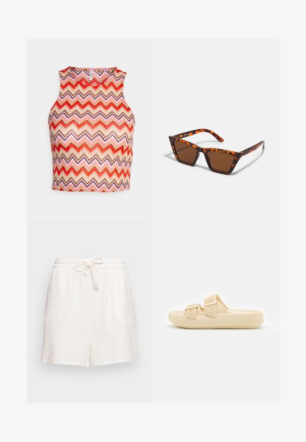 ONLY Petite ONLBOHO - Top - chintz rose zigzag; ONLY Mini - Shorts - cloud dancer; Beige slip-on sandal med tekstureret overdel, justerbare spænder og en tyk, polstret sål. Letvægtsdesign velegnet til afslappet brug.; Brune tonede solbriller med et skildpadde-mønster, vinklede stel og slanke arme. Letvægts plastmateriale.