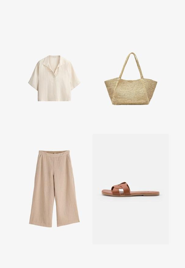 Kortemouwen, loszittend crèmekleurig linnen overhemd met een open kraag en V-halsdetail op een witte achtergrond.; Beige wijde cropped broek met elastische tailleband en zijzakken, gemaakt van lichtgewicht stof.; Bruine platte sandaalslippers van soepel leer met een kruissprayontwerp, met een vlakke zool en een minimalistische stijl.; Beige geweven stro tote tas met brede bodem en lange handvatten, geschikt voor casual gebruik of voor op het strand.