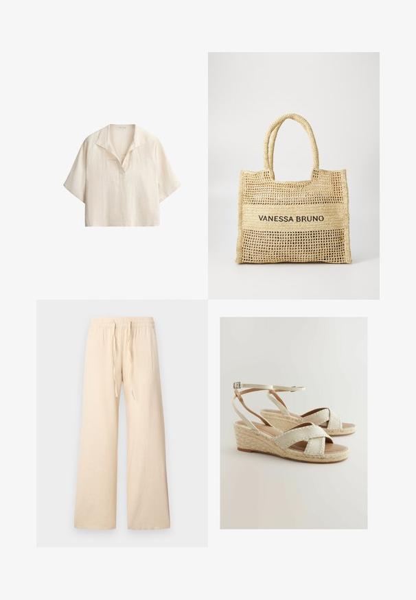 Kortemouwen, loszittend crèmekleurig linnen overhemd met een open kraag en V-halsdetail op een witte achtergrond.; Beige broek met wijde pijpen gemaakt van zacht materiaal, met een elastische taille en een trekkoord zonder zichtbare patronen of accenten.; Beige espadrille wedges met kruisbanden, geweven jute accenten en een gevoerde voetbed. Verstelbare enkelriem voor een goede pasvorm.; Beige geweven draagtas met twee handvatten en "VANESSA BRUNO" in het zwart gedrukt op een solide geweven paneel in het midden.
