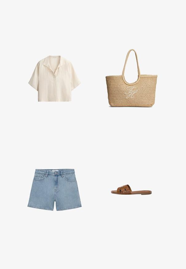 Kortærmet, løstsiddende cremefarvet hørskjorte med åben krave og V-halsdetalje på hvid baggrund.; Lyseblå denimshorts med høj talje, fire lommer og knaplukning. Har en klassisk lige ben stil og frynset kant.; Brun læder slide sandal med krydsede stropper, flad sål og en glat overflade. Enkel design uden udsmykninger eller mønstre.; Flettet beige stråtaske med runde håndtag og hvide broderede kursivinitialer midt på forsiden.