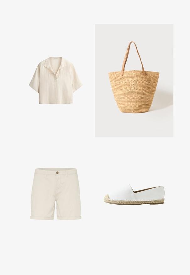 Kurzärmliges, locker sitzendes cremefarbenes Leinenhemd mit offenem Kragen und V-Ausschnitt auf weißem Hintergrund.; Helle beige Baumwollshorts mit Knopfverschluss, umgeschlagenen Säumen und Seitentaschen. Glatte Textur und maßgeschneiderte Passform für Komfort.; Weißer Espadrille-Schuh zum Hineinschlüpfen mit gewebter Jutsohle und geschlossenem, abgerundetem Vorderfuß, seitlich rechts auf weißem Hintergrund gezeigt.; Beige gewebte Strohtasche mit zwei cognacfarbenen Ledergriffen und einem dezenten bestickten Monogramm in der vorderen Mitte.