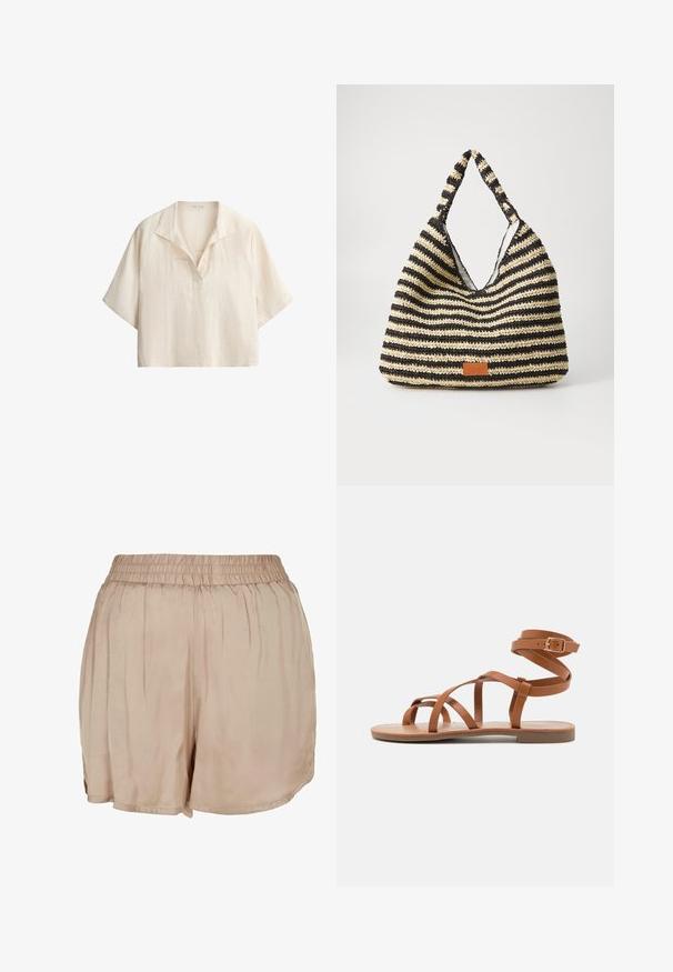 Chemise ample en lin couleur crème à manches courtes, col ouvert avec détail en V sur fond blanc.; Shorts légers beiges en tissu avec une taille élastique et une coupe ample, présentant une texture lisse et un ourlet arrondi.; Sandale en cuir tanné avec un design à plusieurs sangles, boucle à la cheville et semelle plate. Elle présente une texture lisse et un style minimaliste.; Sac tissé rayé en noir et beige, avec un design décontracté, une surface texturée et une petite pièce en cuir en accent.