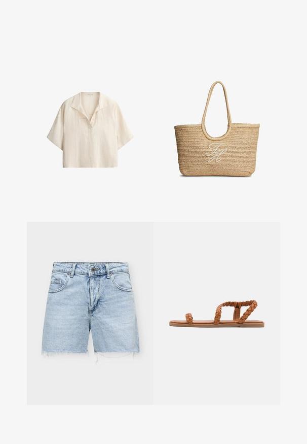 Chemise ample en lin couleur crème à manches courtes, col ouvert avec détail en V sur fond blanc.; Short en denim bleu clair avec ourlets effilochés, bouton à l'avant, fermeture éclair et poches avant et arrière.; Anna Field by Zalando Sandales - cognac; Sac cabas tissé en paille beige avec poignées arrondies et initiales brodées en cursive blanche au centre devant.